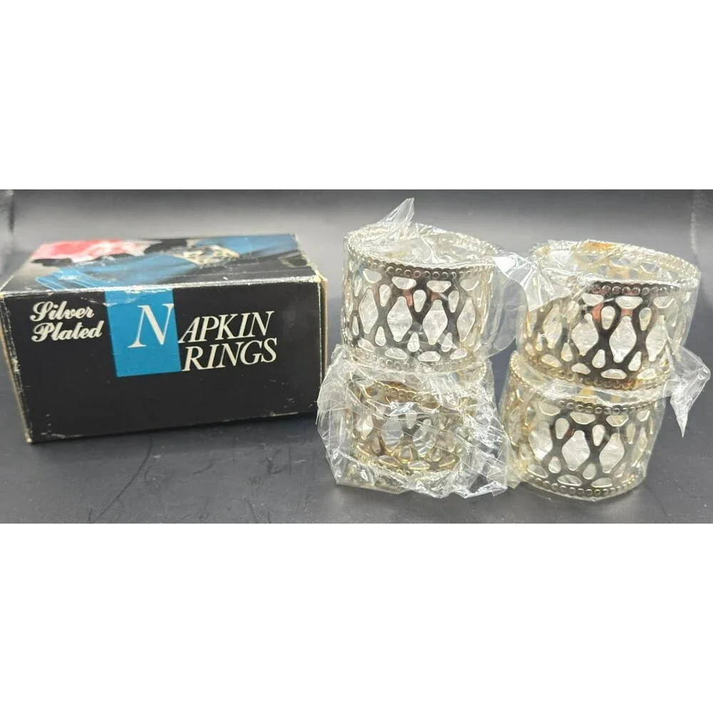 Vintage Set of 4 Silver-Plated Openwork Filigree / Lattice Napkin Rings in Box